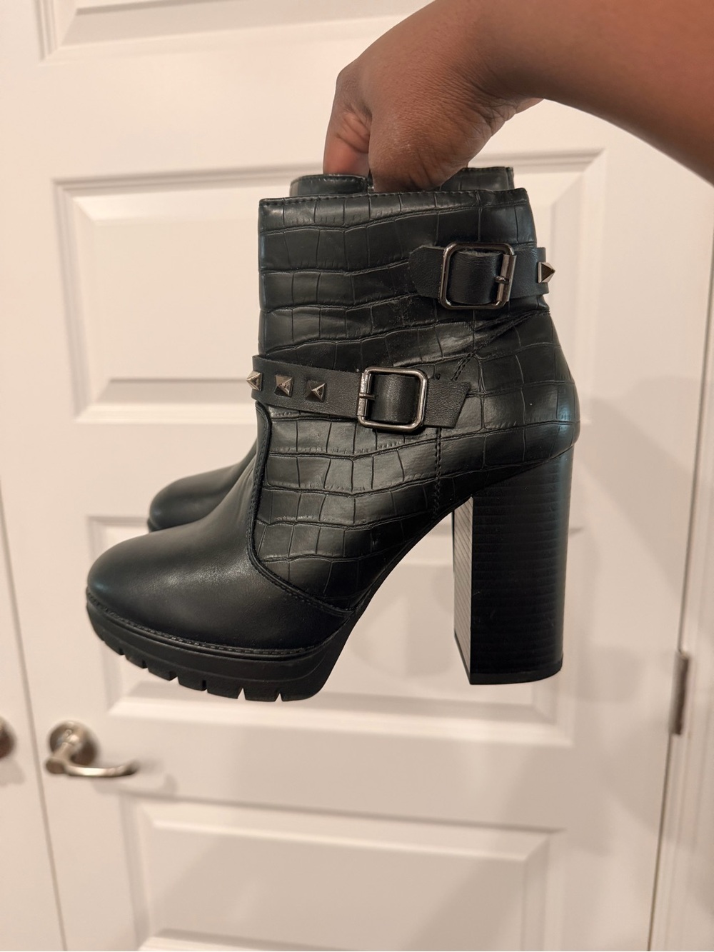 Mudd Black Croc-Embossed Buckle Block Heel Ankle Boots